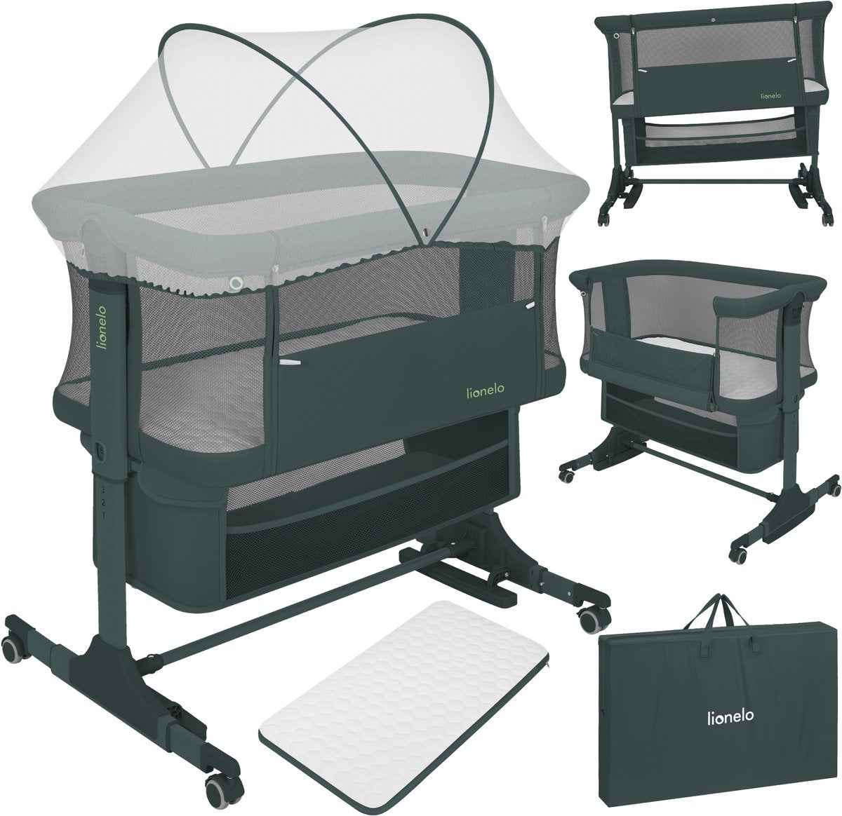 Lionelo Jodie 3in1 Kinderbett – Beistellbett, freistehendes Schaukelbett – Beistellbett – 6 Höhenpositionen – T25-Matratze – herunterklappbare Seite – inklusive Moskitonetzkorb