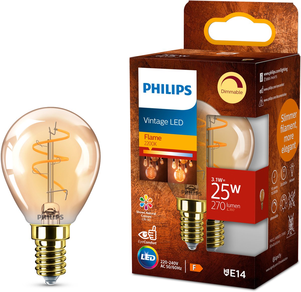 Philips led kogellamp spiraal goud - 25 w - e14 - dimbaar extra warmwit licht