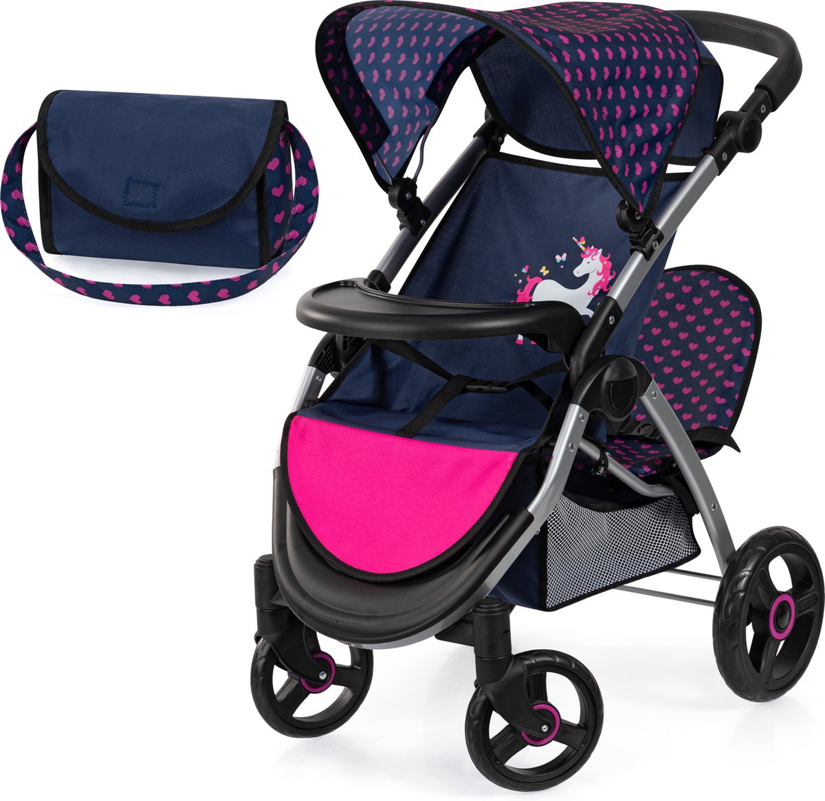 Bayer Design Zwillingspuppenwagen Twin Xeo, Doppelpuppenwagen, verstellbarer Schiebebügel, Tasche