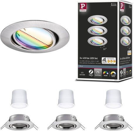 Paulmann LED Einbauleuchte Smart Home Zigbee 3.0 Sockel Münzsockel Set schwenkbar rund 90 mm 20° Münze 3x4,9W 3x420lm 230V dimmbar RGBW+ Stahl gebürstet