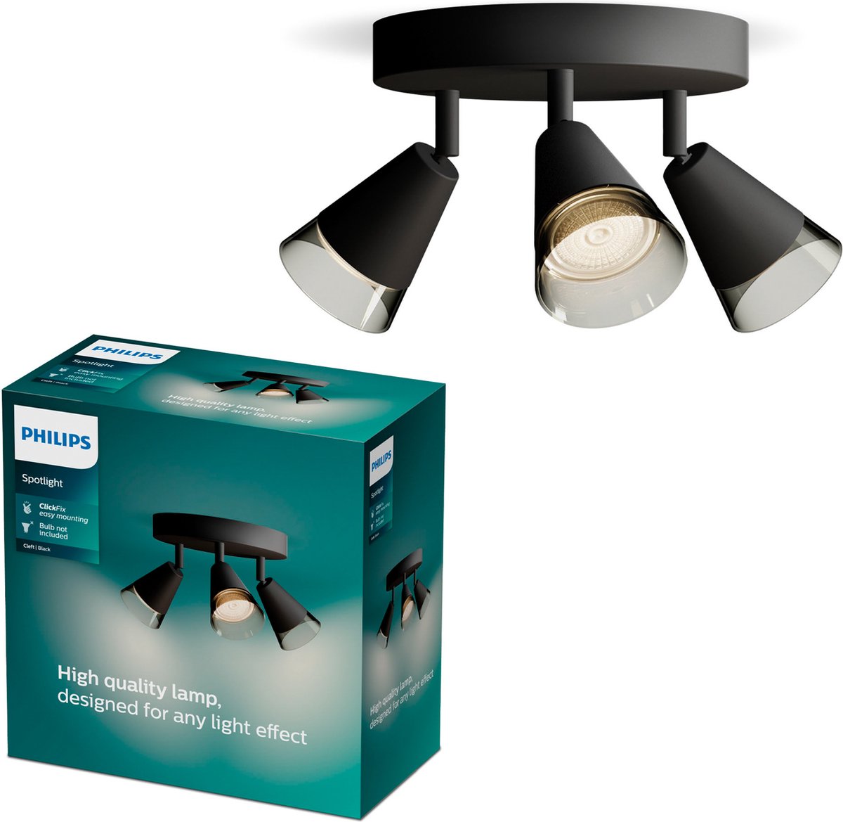 Philips led philips cleft spot - plafondspot met drie lichtpunten - met gerookt glas - gu10 led fitting - ronde basisplaat