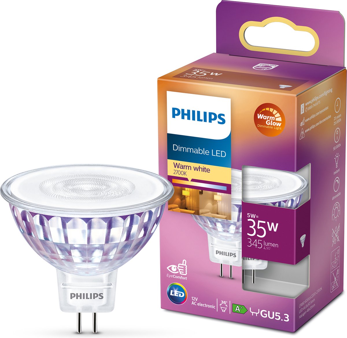 Philips led spot - 35 w - gu5.3 - dimbaar warmwit licht