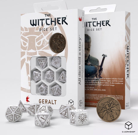 Q-Workshop The Witcher Würfelset – Geralt – der weiße Wolf (7 Teile + Münze)