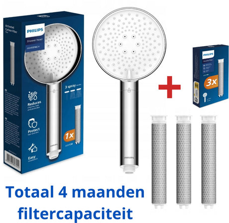 Philips Duschkopf + 3 Duschfilter – insgesamt 4 Filter für 4 Monate Haut- und Haarschutz – Top-Qualität – bekannte Marke