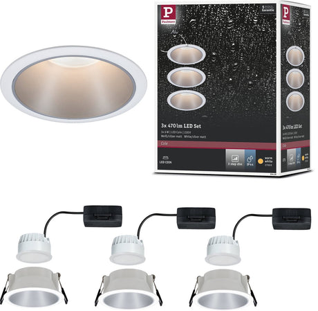 Paulmann LED Einbauleuchte 3-Stufen-Dim Cole Coin 3er Set IP44 rund 88mm Coin 3x6W 3x470lm 230V dimmbar 2700K Weiß, Silber matt