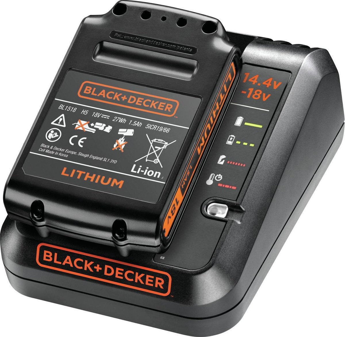 Black+decker kit: 14.4v-18v 1a lader + 1 18v 1.5ah accu - bdc1a15-qw