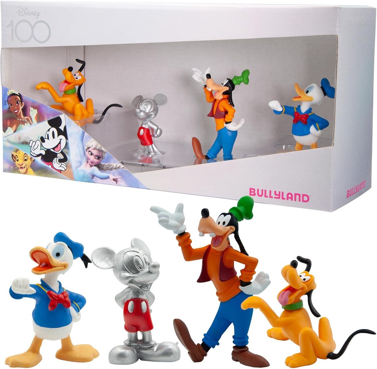 Bullyland 15150 – Disney 100 Jahre Jubiläums-Figurenset mit Mickey Mouse, Donald Duck, Pluto und Goofy – speziell für Disney-Sammler und junge Fans – perfekt als Geschenk oder Kuchendekoration