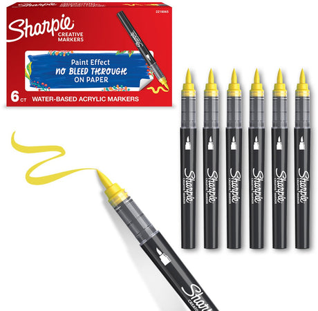 Sharpie Creative Marker Acrylfarbenmarker | Pinselspitze | wasserbasierte Farbmarker | Tinte verläuft nicht und ist für die meisten Oberflächen geeignet | gelb | 6 Stück