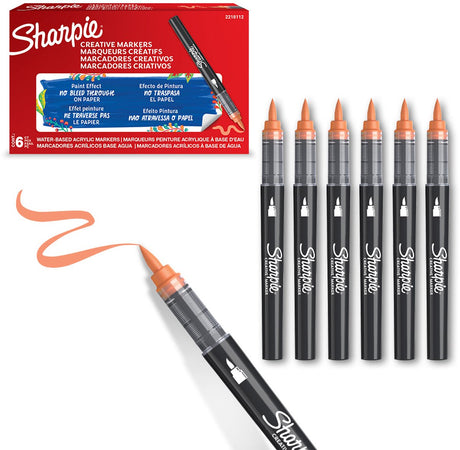 Sharpie Creative Marker Acrylfarbenmarker | Pinselspitze | wasserbasierte Farbmarker | Tinte verläuft nicht und ist für die meisten Oberflächen geeignet | orange | 6 Stück