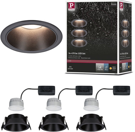 Paulmann LED Einbauleuchte 3-Stufen-Dim Cole Coin 3er Set IP44 rund 88mm Coin 3x6W 3x470lm 230V dimmbar 2700K Schwarz
