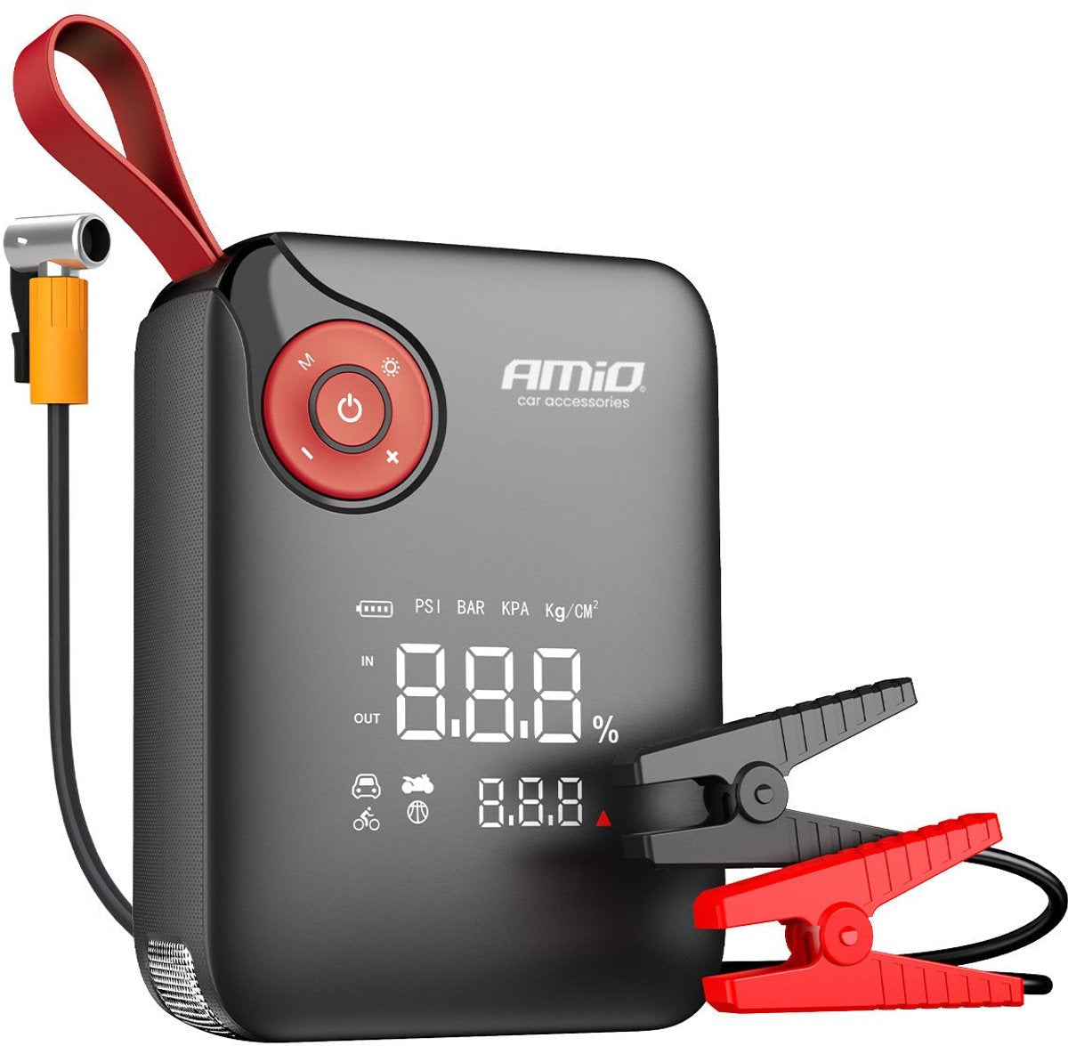 Amio tragbarer Mini-4-in-1-Starthilfe – Powerbank 12 V 600 A mit Luftkompressor und LED-Taschenlampe – tragbares Starter-Booster-Auto – intelligenter Batterie-Booster