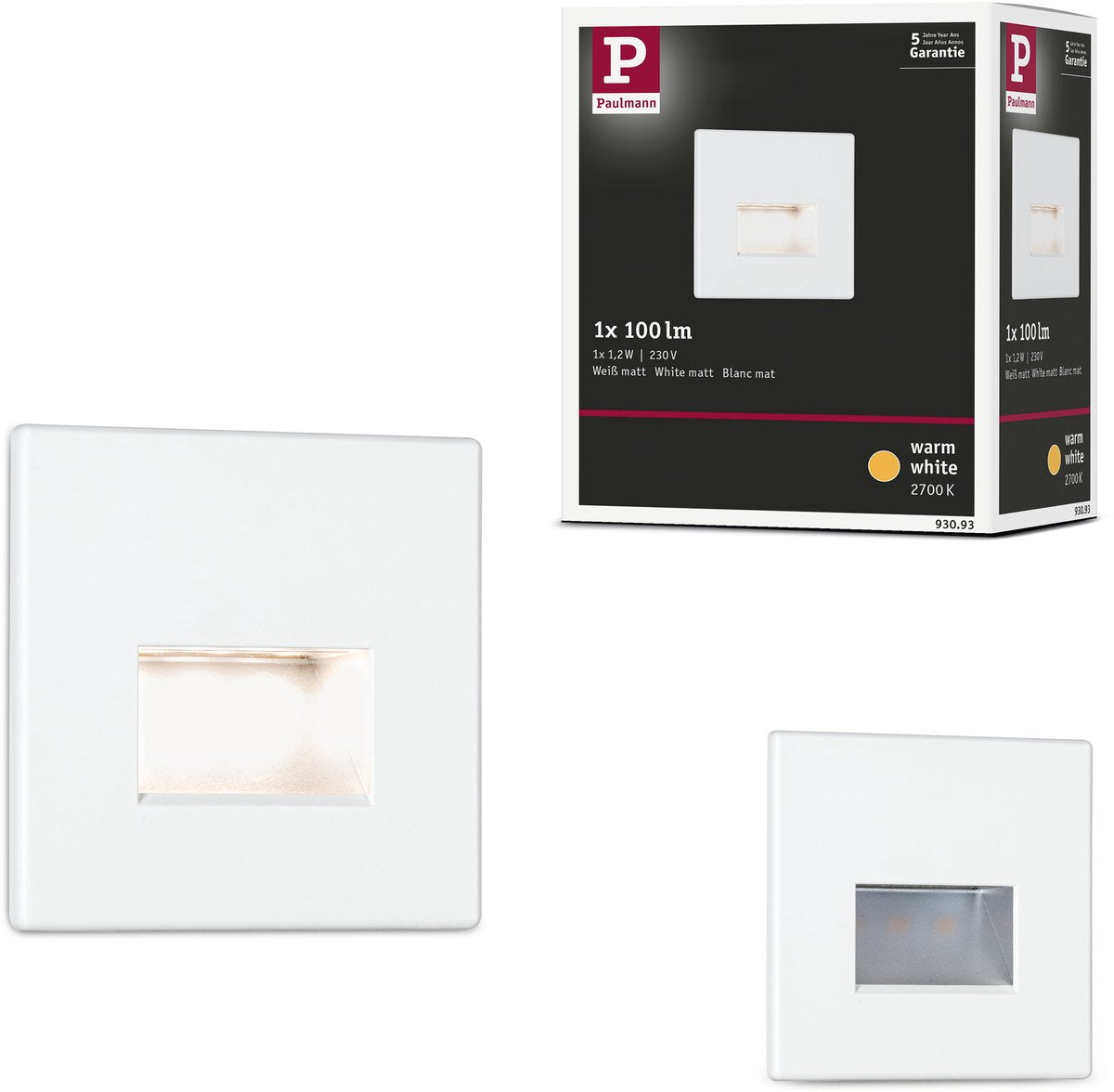 Paulmann Edge LED-Wandeinbauleuchte – Weiß matt – 2700k Warmweiß – 1,2W – 50 lm – 230V – Wand-Treppenbeleuchtung