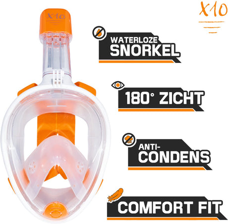 X10 Schnorchelmaske – Taucherbrille – Schnorchel – Schnorchelset – Vollgesichtsmaske – Kinder – Orange – XS