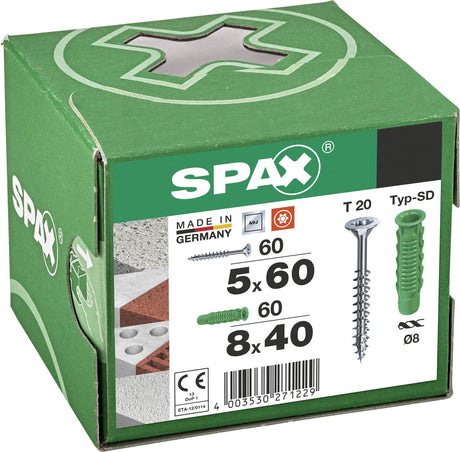 Spax-Dübel Typ SD 8 x 40 mm + Universalschraube, 5 x 60 mm, Senkkopf, Teilgewinde, T-Stern plus T20, Wirox, 60 + 60 Stück – 5000001200025