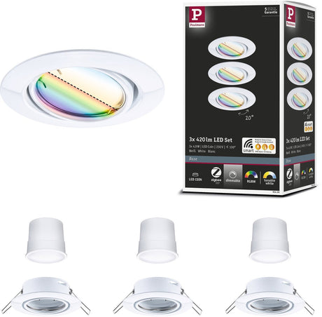 Paulmann led-inbouwlamp smart home zigbee 3.0 base coin basisset zwenkbaar rond 90 mm 20° coin 3x4,9w 3x420lm 230v dimbaar rgbw+ wit