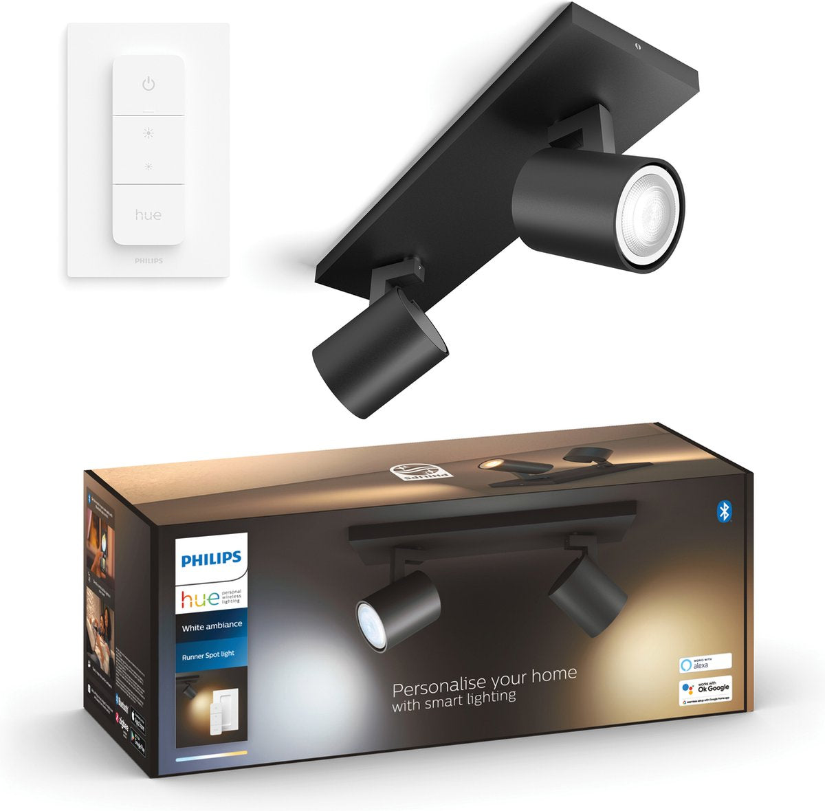 Philips hue runner opbouwspot - warm tot koelwit licht - 2-spots - zwart - 1 dimmer switch