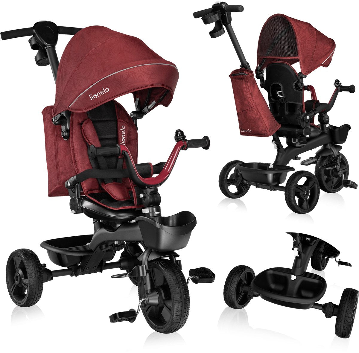 Lionelo Kori – Dreirad – Kinderfahrrad 2 in 1 – bis 5 Jahre – ab 9 Monaten – sehr leicht – faltbar – bis 25 kg – drehbarer Sitz – verstellbare Schiebestange – sicherer 3-Punkt-Gurt – Freilaufrad und Lenker – verstellbare Markise mit Fenster – rot