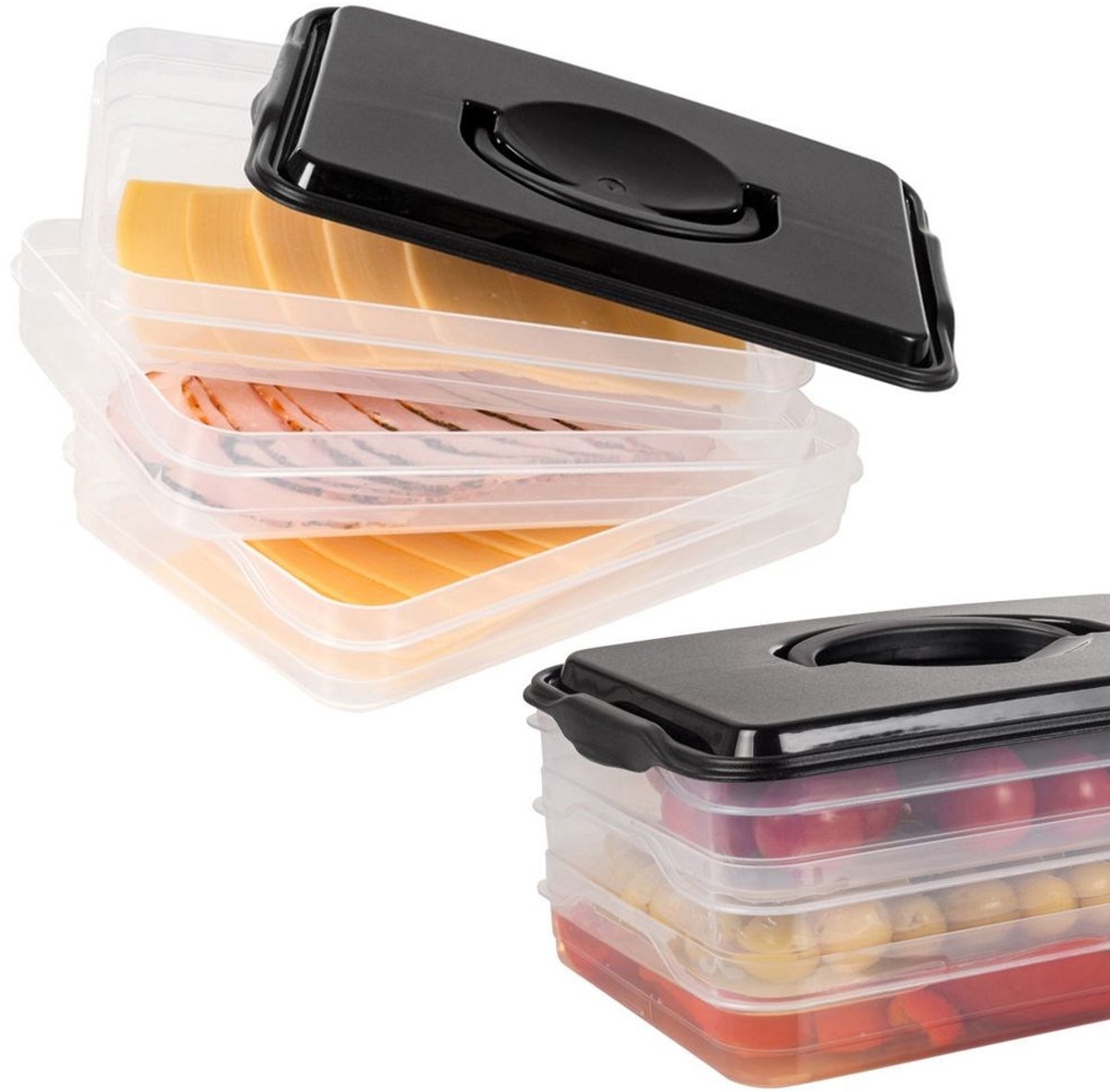 Vilde ham en kaas bewaardoos 3-niveaus 3x 600 ml - vleeswarendoos - kaasdoos - vershouddoos - opbergdozen - koelkastdoos - koelkas - organizer - keukenopbergdoos