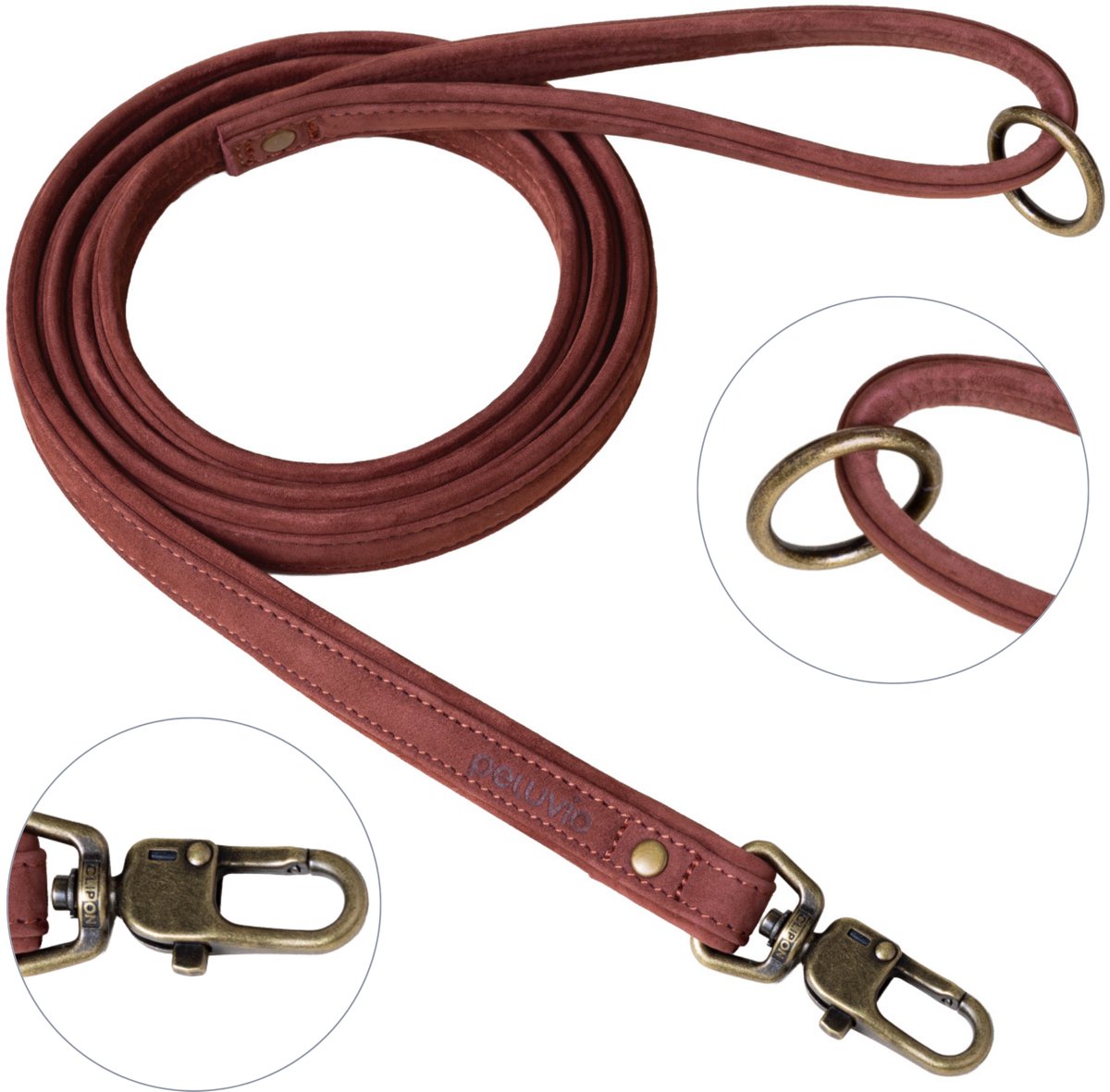 Peluvio Regent – Hundeleine aus Leder – Größe M – 2 cm breit – 1,7 m lang – für mittelgroße und große Hunde – Rindsleder – Kupferdetails – Sicherheitsverschluss – braune Hundeleine