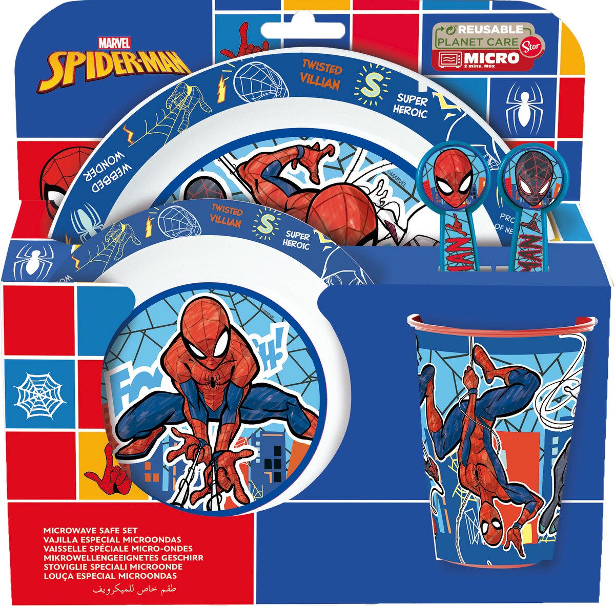 Stor Marvel's Spider-Man Kindergeschirr – 5-teilig – wiederverwendbar – inklusive Teller, Schüssel, Besteck und Tasse – spülmaschinen- und mikrowellenfest, BPA-frei – weiß, blau, rot