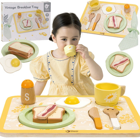 Classic World Frühstücksset aus Holz – Vintage-Spielzeugtablett 13-teilig.