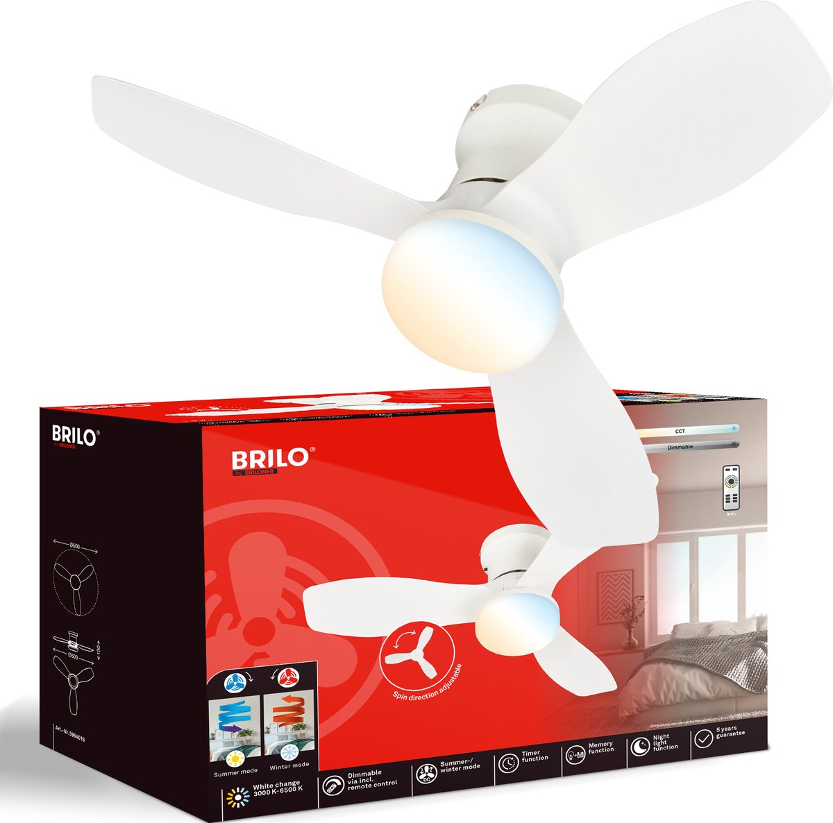 Briloner lufito – Deckenventilator mit Beleuchtung – LED-Deckenlampe mit Ventilator – Ventilatorlampe Sommer- und Wintermodus – dimmbar – CCT – ø60 – weiß