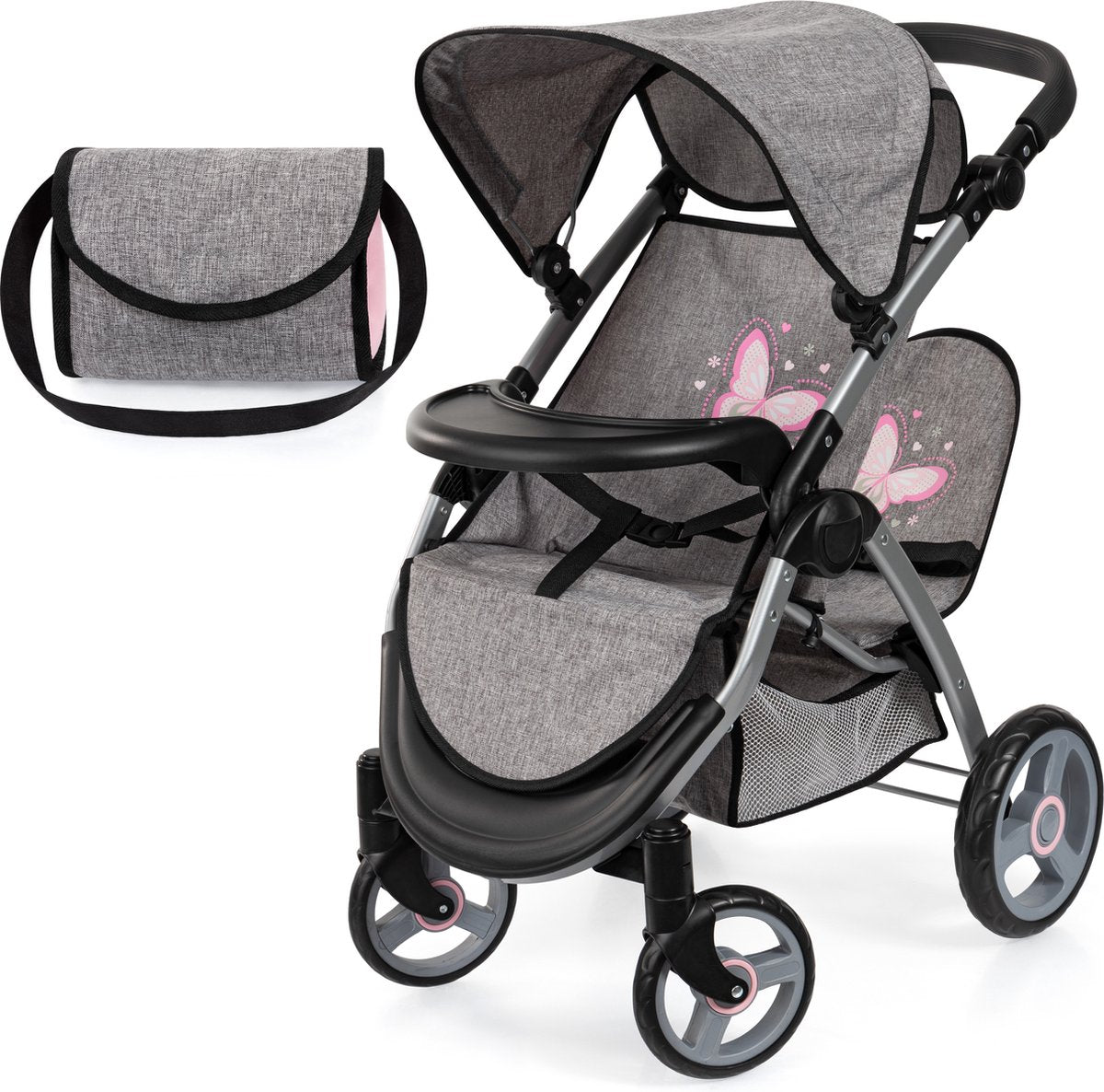 Bayer Design Zwillingspuppenwagen Twin Xeo, Doppelpuppenwagen, verstellbarer Schiebebügel, Tasche in Jeansgrau, Pink