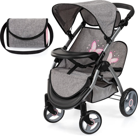 Bayer design tweeling poppenwagen twin xeo, dubbele poppenwagen, verstelbare duwstang, tas in jeans-grijs, roze