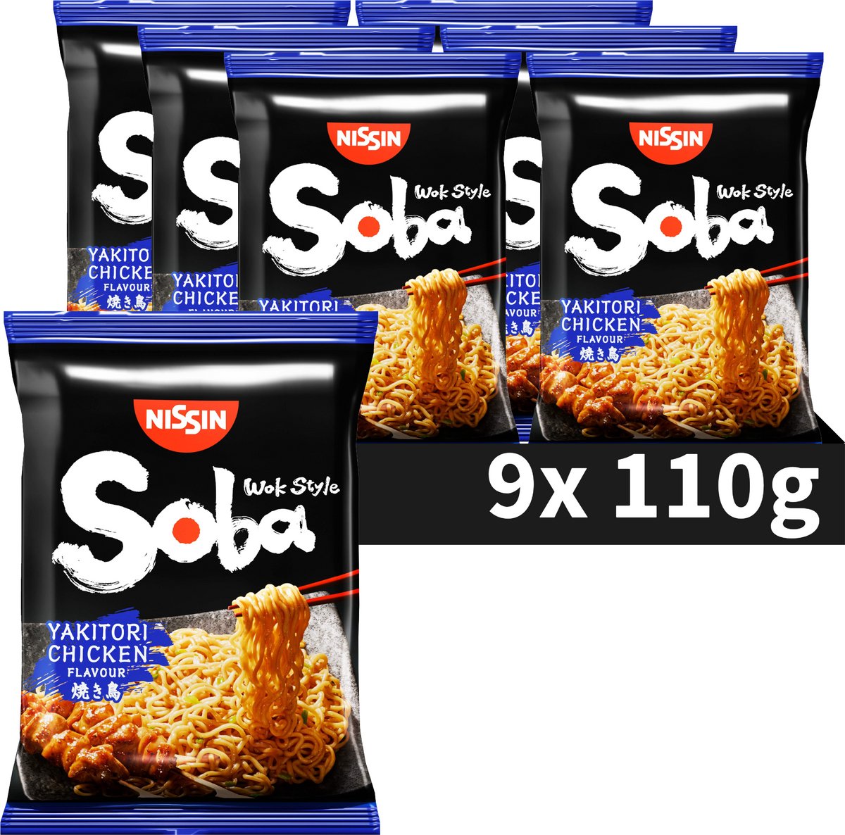 Nissin Soba Bag Yakitori Hühnernudeln – Instantnudeln im Wok-Stil – 9 Stück