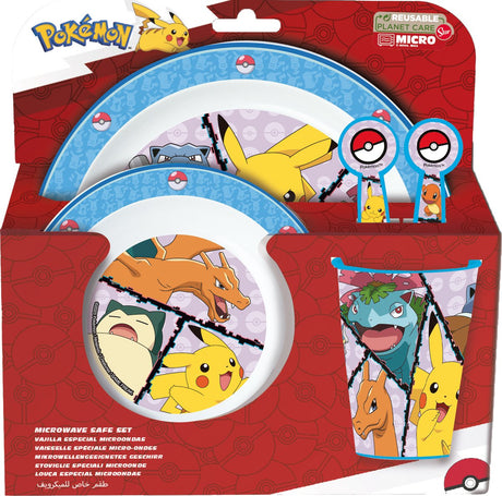 Stor Pokémon Kindergeschirr – 5-teilig – wiederverwendbar – inklusive Teller, Schüssel, Besteck und Tasse – spülmaschinen- und mikrowellenfest, BPA-frei – Weiß Blau