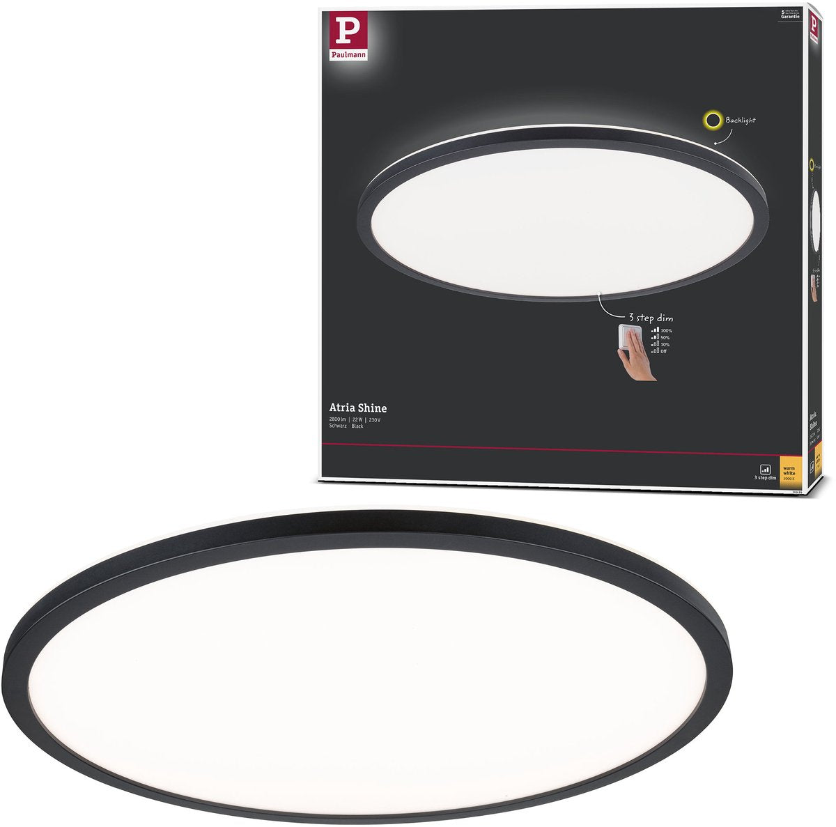 Paulmann LED Panel 3-Stufen-Dim Atria Shine Hintergrundbeleuchtung rund 420 mm 22W 2300lm 3000K Schwarz dimmbar