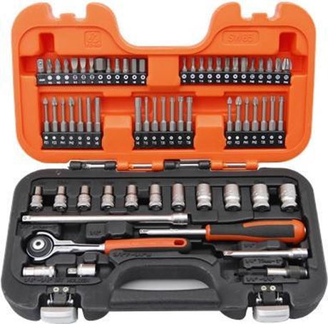 Bahco sw65 65-teiliger Steckschlüsselsatz inklusive Ratsche mit Klappkopf – 1 4