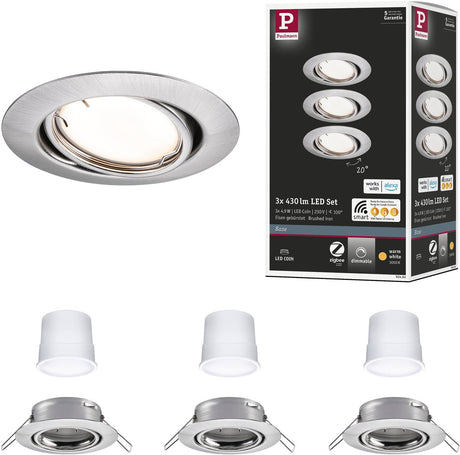 Paulmann LED Einbauleuchte Smart Home Zigbee 3.0 Sockel Münzsockel Set schwenkbar rund 90 mm 20° Coin 3x4,9w 3x430lm 230v dimmbar 3000k Stahl gebürstet