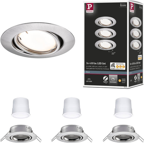 Paulmann LED Einbauleuchte Smart Home Zigbee 3.0 Sockel Münzsockel Set schwenkbar rund 90 mm 20° Coin 3x4,9w 3x430lm 230v dimmbar 3000k Stahl gebürstet