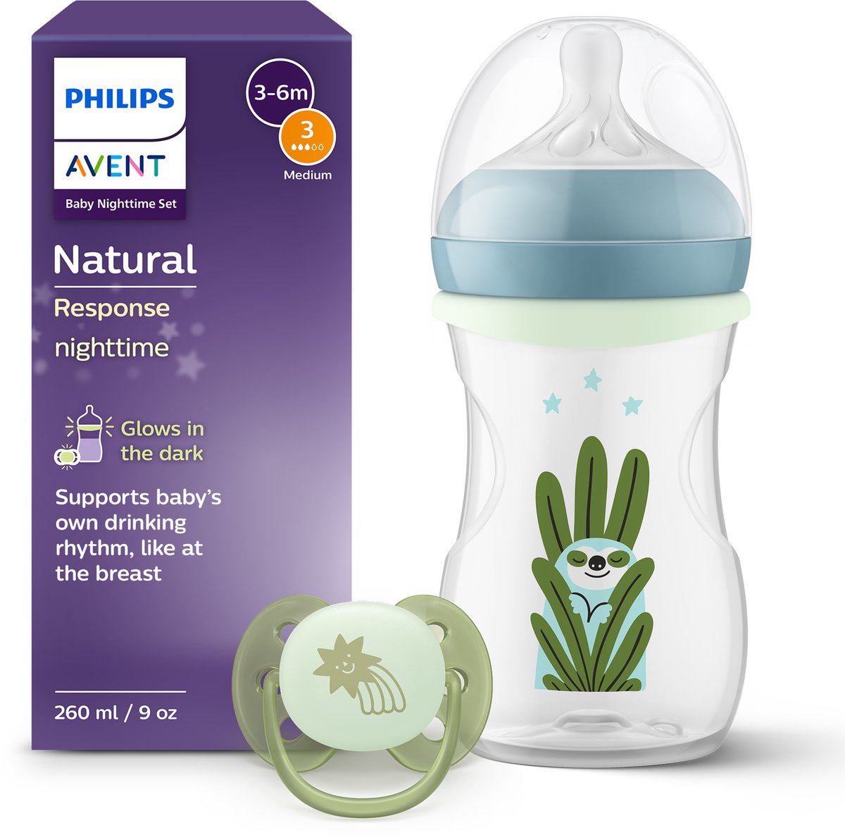Philips avent natural response nighttime babyfles en fopspeen - 260 ml - flow 3 - glow in the dark