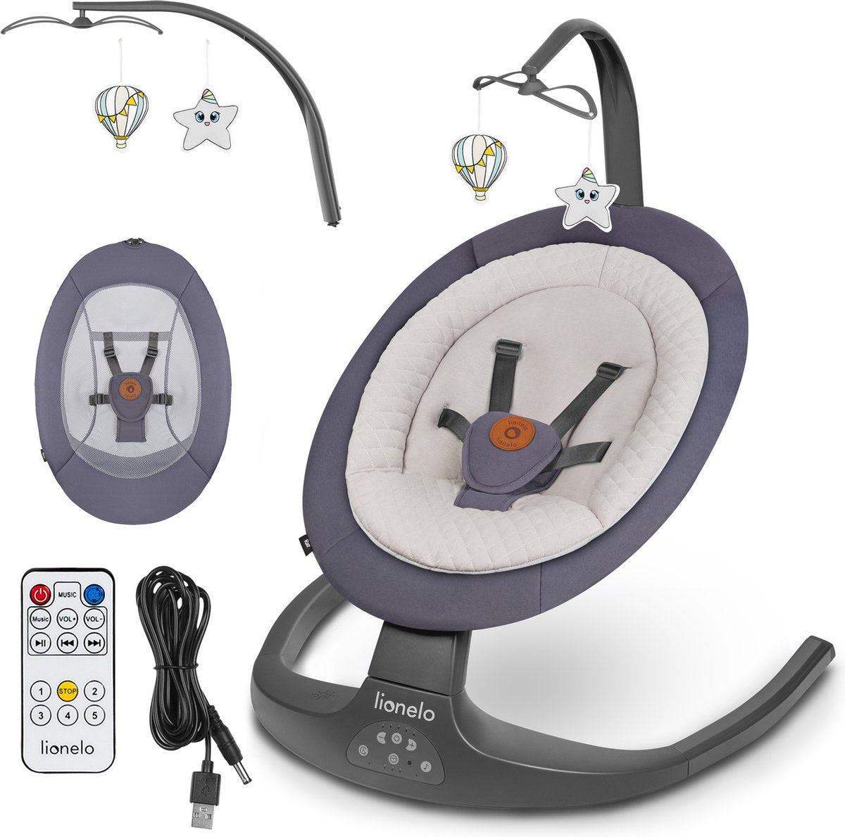 Lionelo Ralf – Babyschaukel Premium – 2in1 – 5 automatische Schaukelgeschwindigkeiten – 0 bis 9 kg