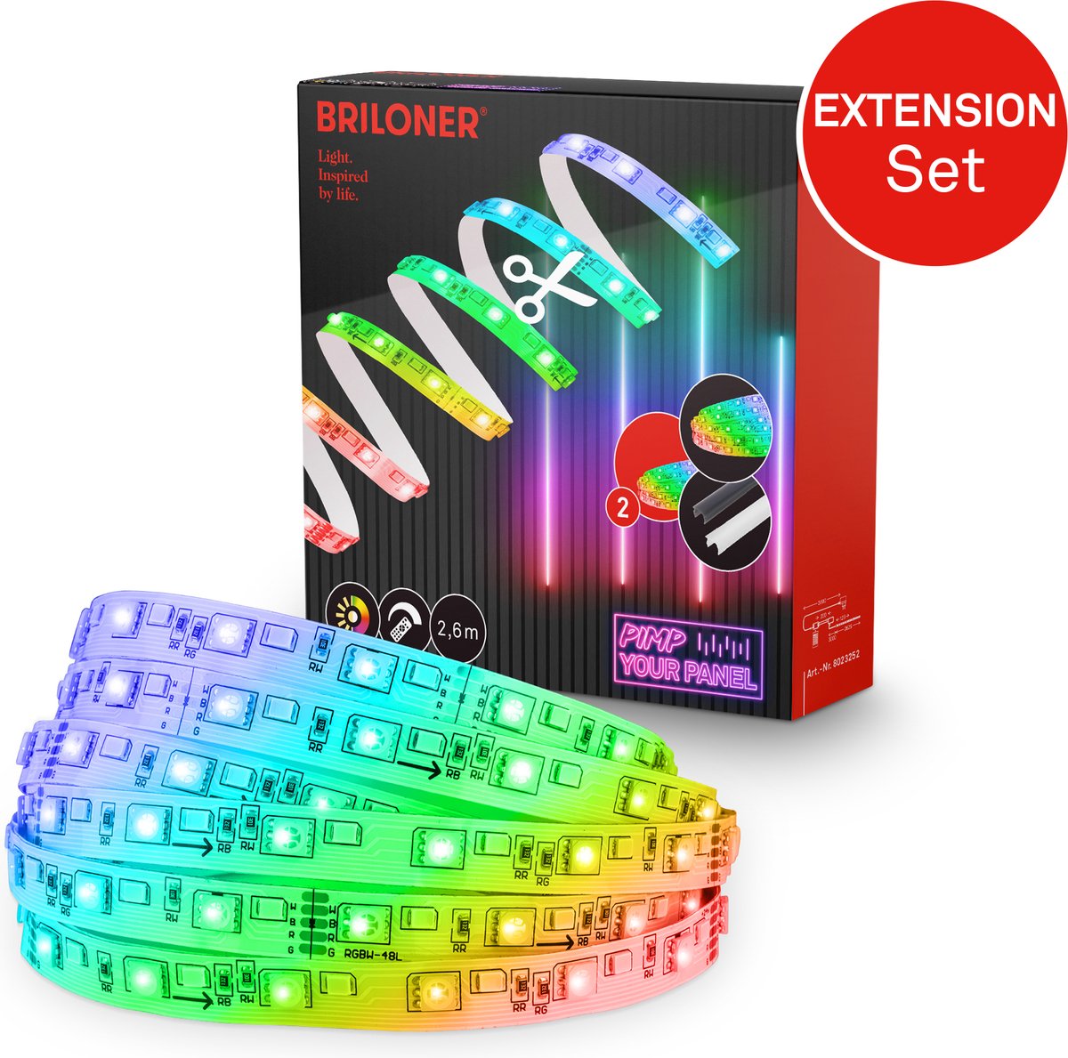Briloner Pimp Your Panel – Verlängerungsset LED-Streifen 2,6 m – 8023252 – Verlängerungsset RGB – Pimp Your Panel – kürzbar – selbstklebend – ausziehbar – 262,5 x 1 cm