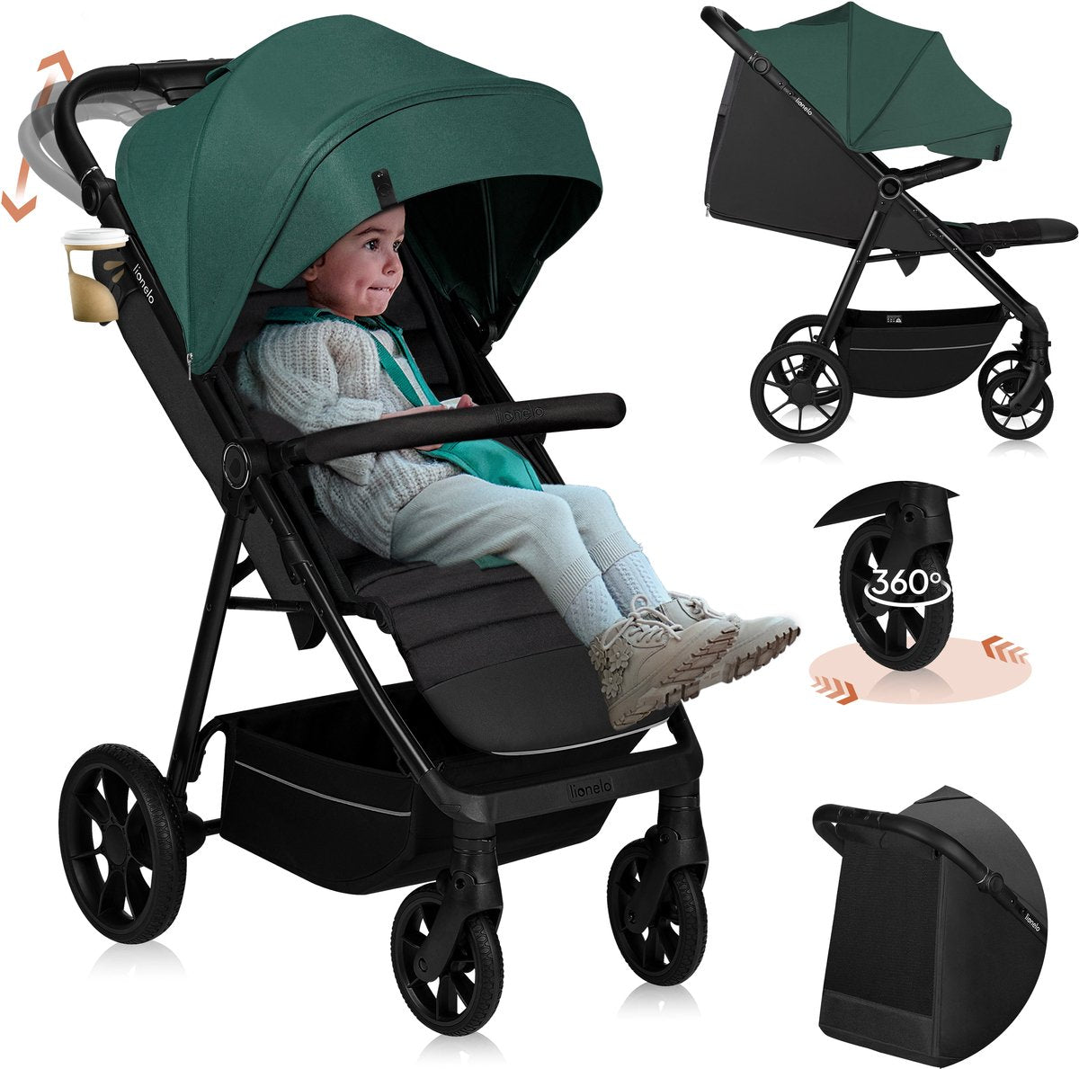 Lionelo mira – Kinderwagen – Sportwagen – für Kinder bis 22 kg – Vorderräder 360° – verstellbarer Rückenlehnengriff – wasserdichtes XXL-Vorzelt mit UPF50+ – 5-Punkt-Gurt – große Offroad-Räder – volle Stoßdämpfung – kompakt faltbar