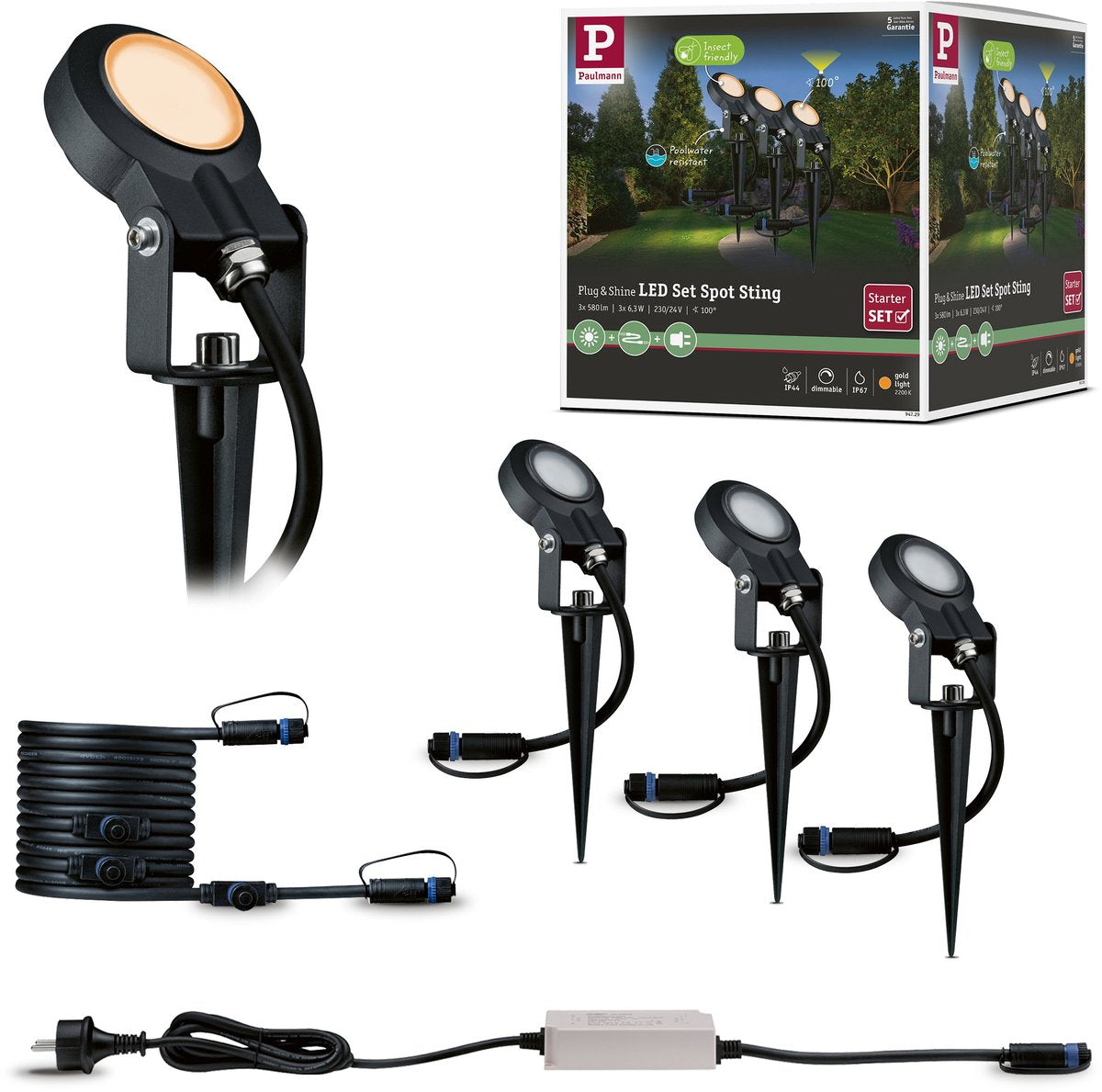 Paulmann Plug Shine LED Gartenstrahler Sting Basisset insektenfreundlich IP67 2200K 3x6,3W 75VA Anthrazit