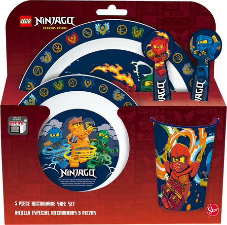 Stor Lego Ninjago Kindergeschirr – 5-teilig – wiederverwendbar – inklusive Teller, Schüssel, Besteck und Tasse – spülmaschinen- und mikrowellengeeignet, BPA-frei – Weiß Dunkelblau