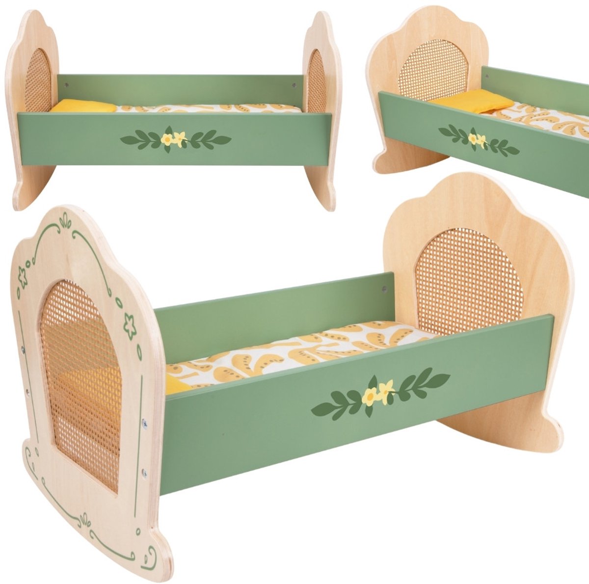 Classic world houten poppenwieg vintage bloemen fsc speelgoed.