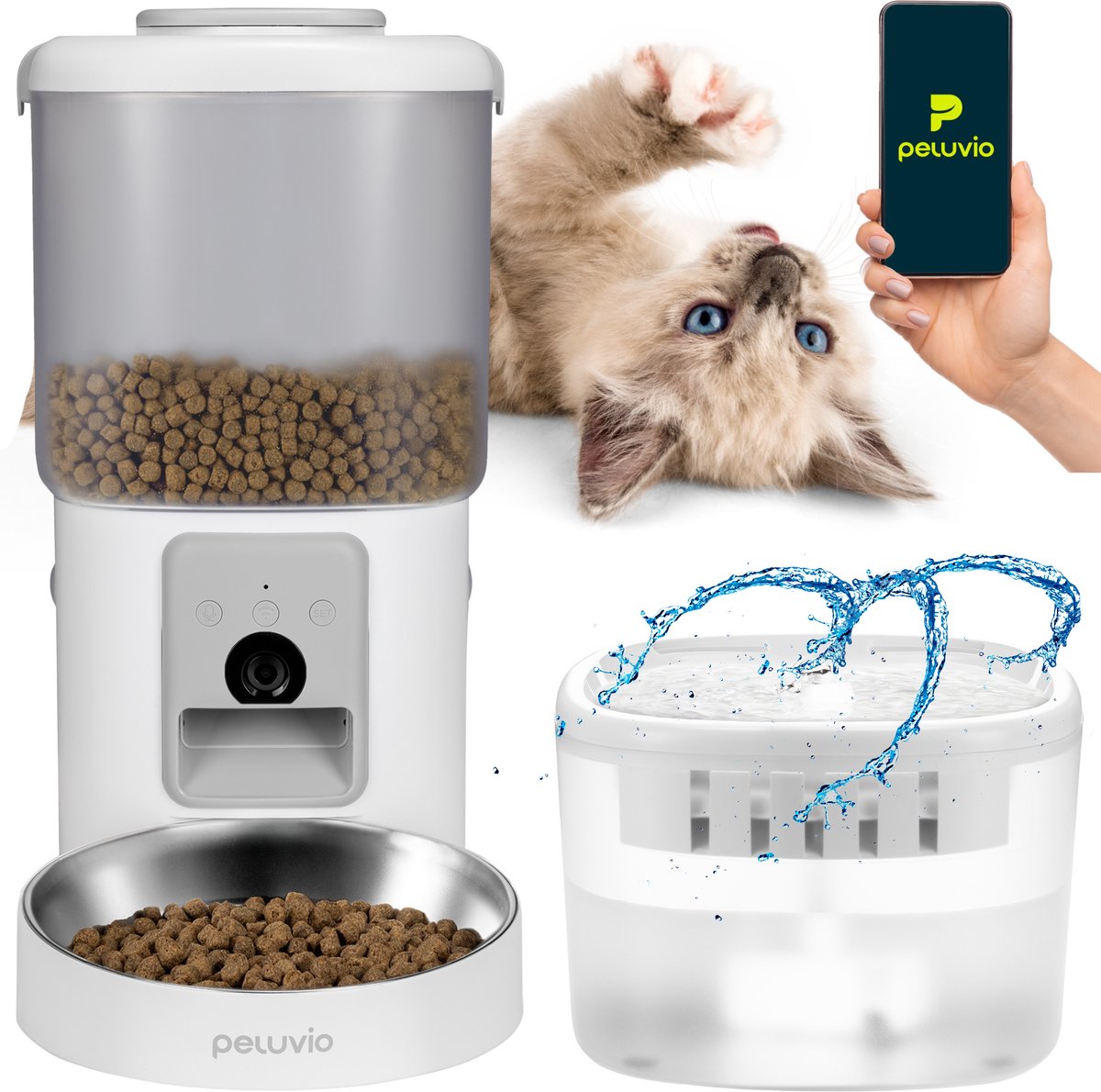 Peluvio Festfutterspender mit Kamera-Trinkbrunnen – 4,5 l automatischer Katzenfutternapf mit App – 3 MP Nachtsicht – 2,5 l Trinkbrunnen mit Filtern – WLAN – 5 Mahlzeiten am Tag – Edelstahlnapf – Batterie-Backup