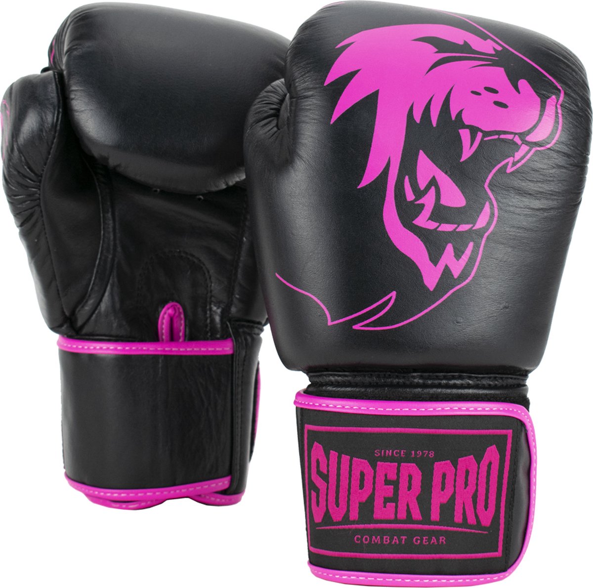 Super pro combat gear warrior lederen (kick)bokshandschoenen zwart roze 10oz