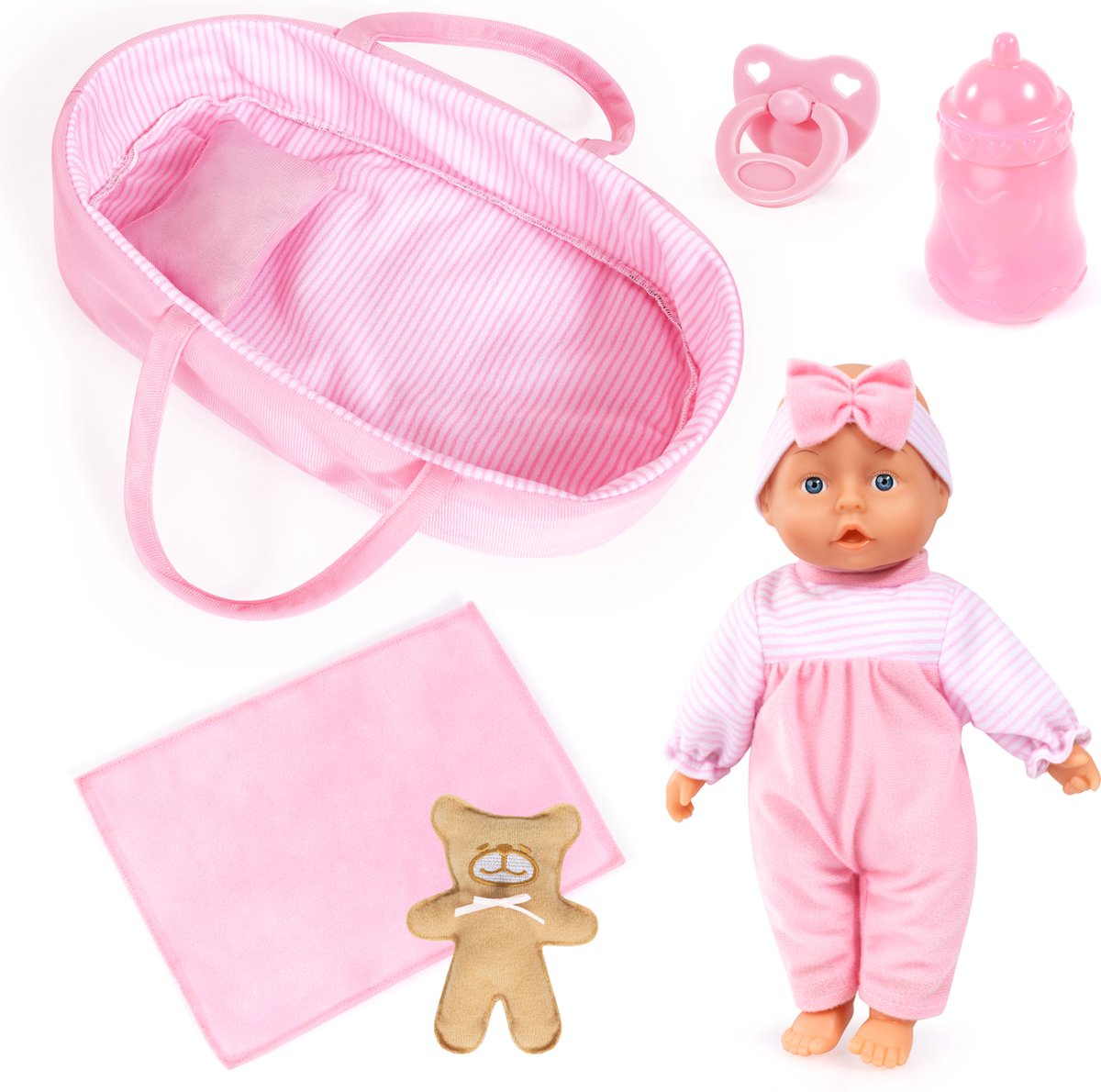 Bayer Design Babypuppe, Weichkörper, 28 cm, Puppentragetasche, Decke, Kissen, Schnuller, Flasche, Teddybär