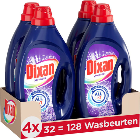 Dixan Gel Fresh Lavender – Flüssigwaschmittel – für alle Wäschefarben – intensiver Duft – 4 x 32 Wäschen – Vorteilspack