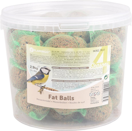 Flamingo vogelvoer – four seasons mezenbollen met net – emmer 35 stuks – 2.9 kg – rijk aan zaden vetten – voor buitenvogels