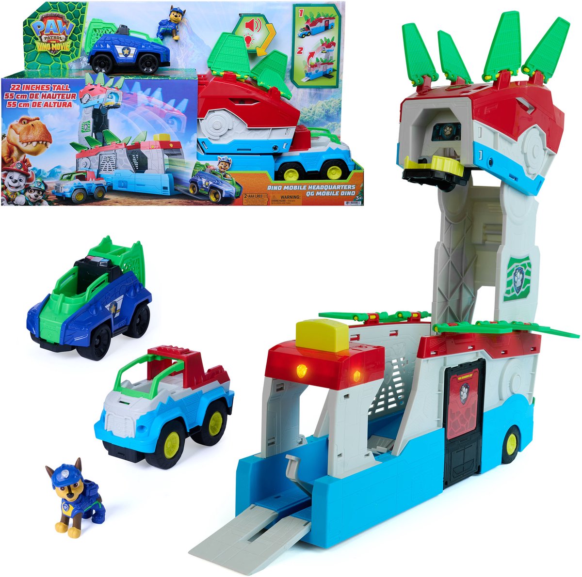 Paw Patrol – Der Dino-Film – Mobiles Dino-Hauptquartier, 2-in-1-Spielset mit verwandelndem Hauptquartier, 55,8 cm, mit Lichtern und Geräuschen, inklusive Chase-Actionfigur und 2 Fahrzeugen, um in Aktion zu treten