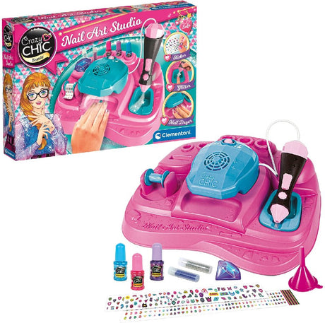 Clementoni Crazy Chic – Nagelstudio für Kinder – Kindernagellack mit Stickern, Glitzer und Nageltrockner – ab 6 Jahren