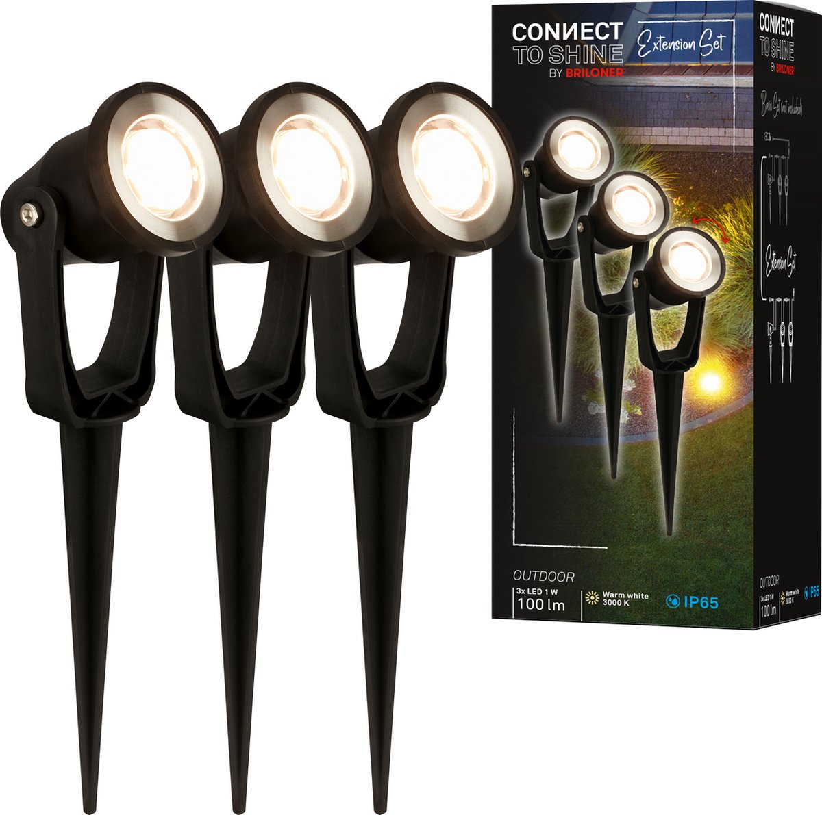 Briloner Connect to Shine – Spike Spot – 3er-Set – Gartenstrahler-Erweiterungsset – Gartenbeleuchtung – IP65 – warmweißes Licht – 22,5 x 5 x 6 cm