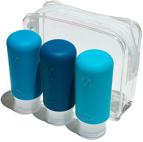 Muitomas Reisetasche + 3 Flaschen – handgepäckfreundlich – Silikon – einfache Farbcodierung – 3 x 98 ml – auslaufsichere Verschlüsse – blau
